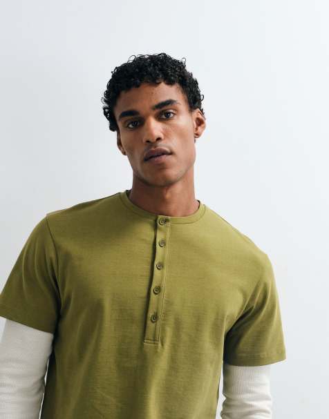 ASOS DESIGN regular fit long sleeve t-shirt with henley and double layer in khaki waffle - view 1