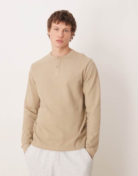 ASOS DESIGN regular fit long sleeve T-shirt with henley neck in beige texture - view 1