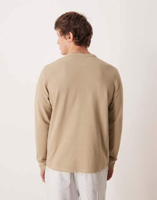 ASOS DESIGN regular fit long sleeve T-shirt with henley neck in beige texture, 3 of 5
