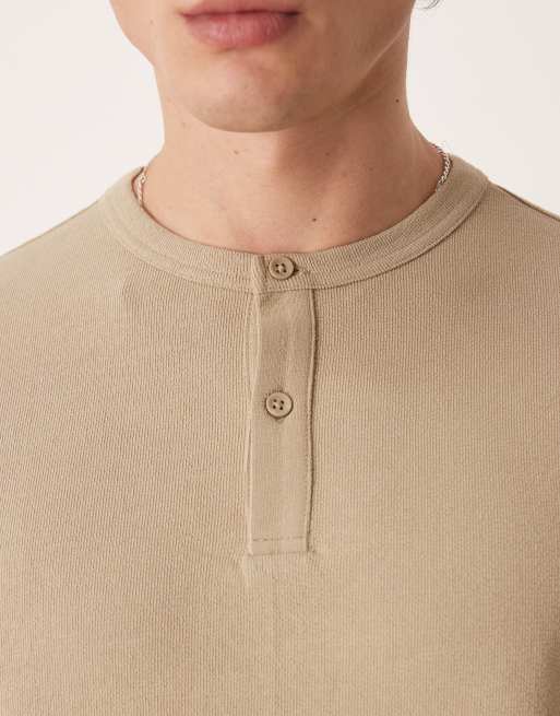 ASOS DESIGN regular fit long sleeve T-shirt with henley neck in beige texture, 5 of 5