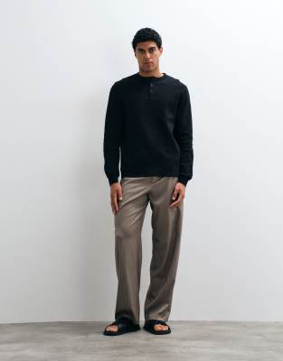 Asos Design Regular Fit Long Sleeve T-shirt With Henley Neck In Black