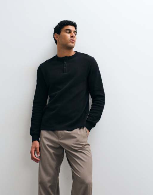 ASOS DESIGN regular fit long sleeve t-shirt with henley neck in black waffle knit, 2 of 5