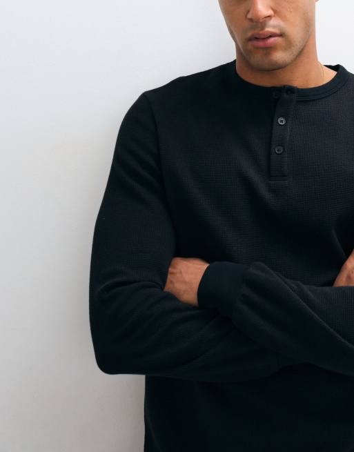 ASOS DESIGN regular fit long sleeve t-shirt with henley neck in black waffle knit, 3 of 5
