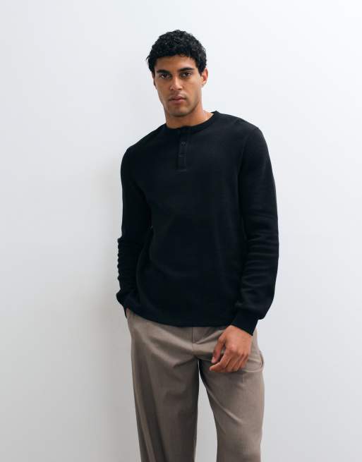 ASOS DESIGN regular fit long sleeve t-shirt with henley neck in black waffle knit, 4 of 5