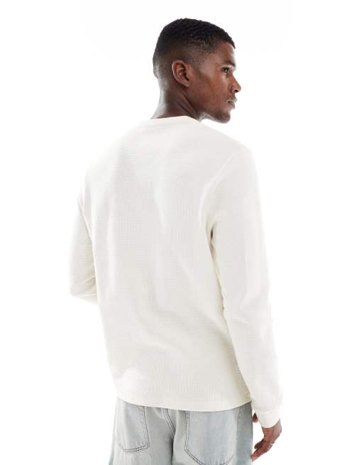 ASOS DESIGN regular fit long sleeve T-shirt with henley neck in cream waffle, 3 of 5