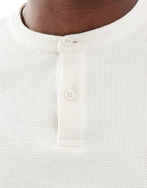 ASOS DESIGN regular fit long sleeve T-shirt with henley neck in cream waffle, 5 of 5