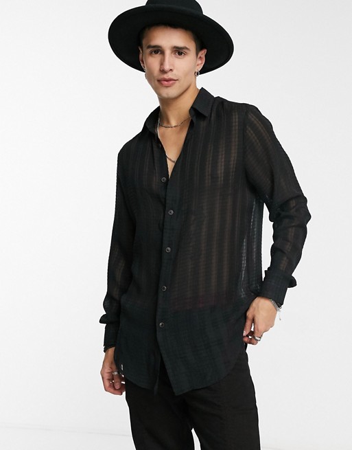 ASOS DESIGN regular fit longline sheer textured shirt in black