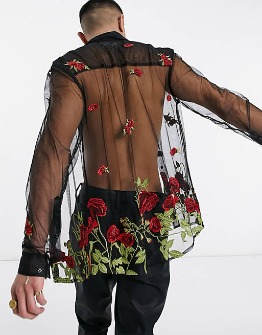 ASOS DESIGN regular fit mesh shirt with floral embroidery in red