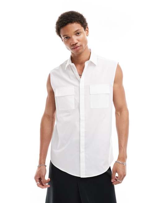 ASOS DESIGN - Regular-fit mouwloos poplin overhemd met zakken in wit