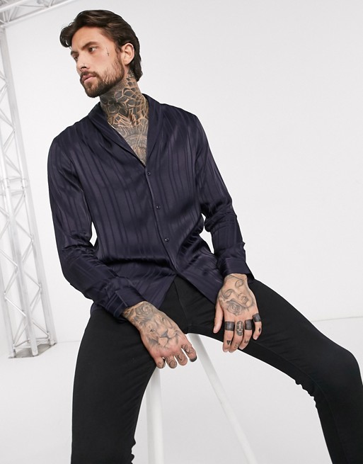 ASOS DESIGN regular fit navy jacquard stripe shirt with shawl collar