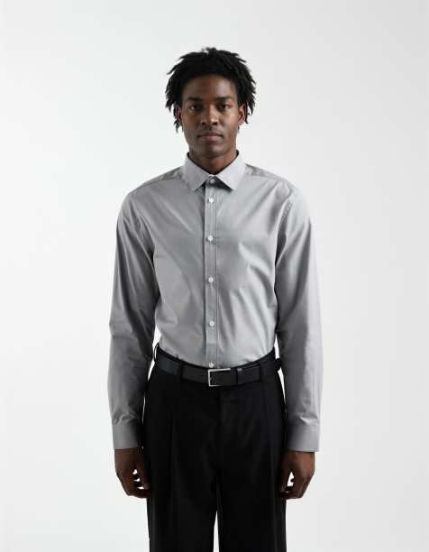ASOS DESIGN - Regular-fit net poplin overhemd in lichtgrijs - view 1