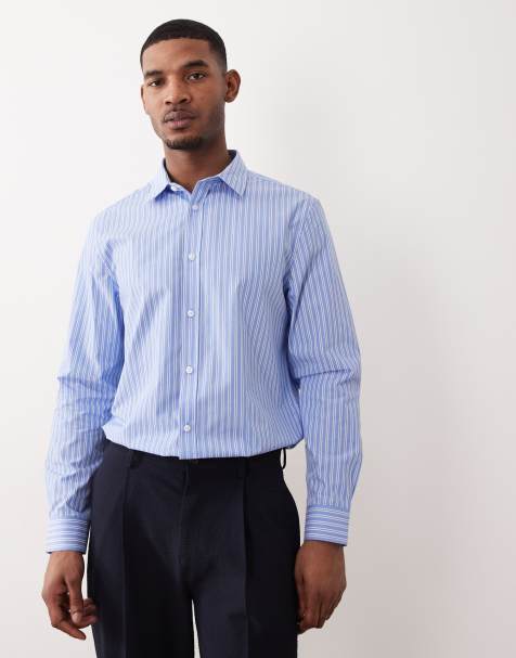 ASOS DESIGN - Regular-fit net poplin overhemd met strepen in blauw en wit - view 1