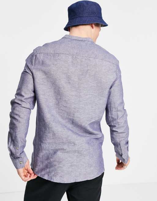 ASOS DESIGN regular fit overhead linen shirt with band collar in navy, 2 of 4