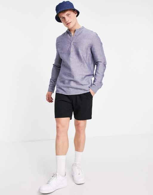 ASOS DESIGN regular fit overhead linen shirt with band collar in navy, 4 of 4