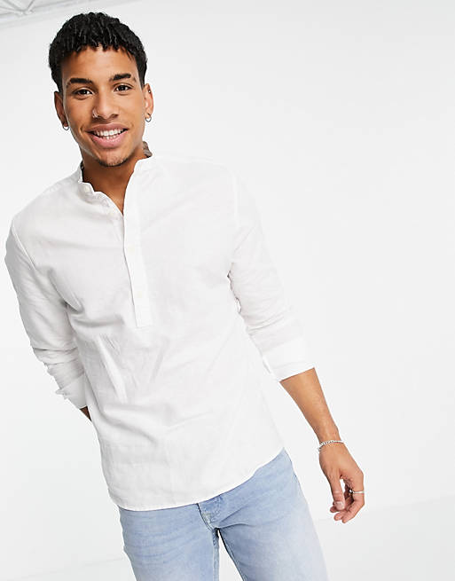 ASOS DESIGN regular fit overhead linen shirt with grandad collar in white