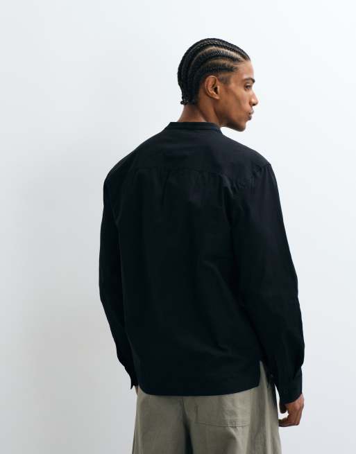 ASOS DESIGN regular fit overhead shirt with henley collar in black, 3 of 5