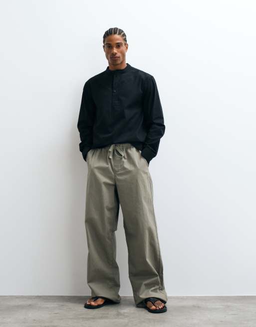 ASOS DESIGN regular fit overhead shirt with henley collar in black, 4 of 5