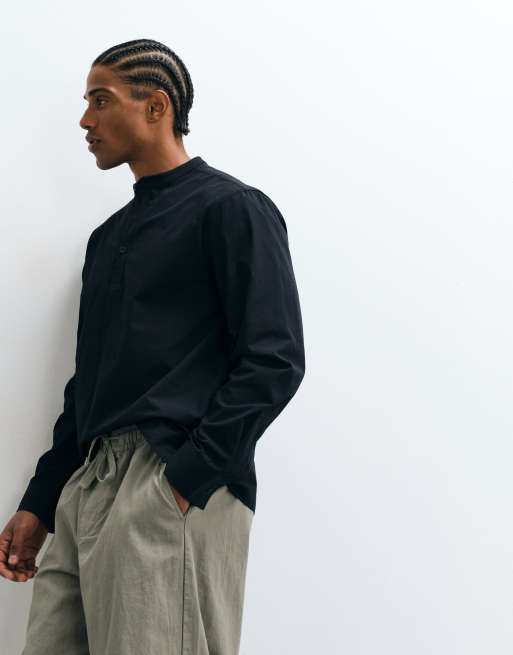 ASOS DESIGN regular fit overhead shirt with henley collar in black, 5 of 5