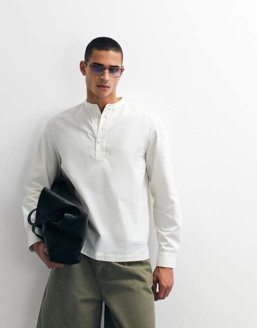 ASOS DESIGN regular fit overhead shirt with henley collar in off white, 3 of 7
