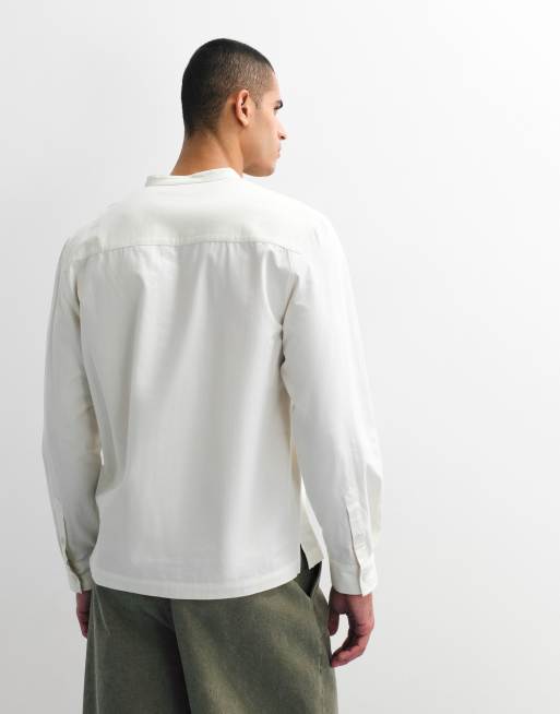 ASOS DESIGN regular fit overhead shirt with henley collar in off white, 4 of 7