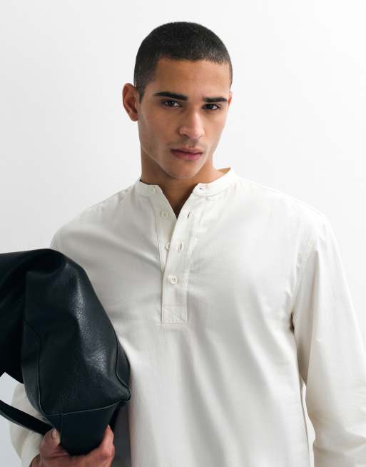 ASOS DESIGN regular fit overhead shirt with henley collar in off white, 5 of 7