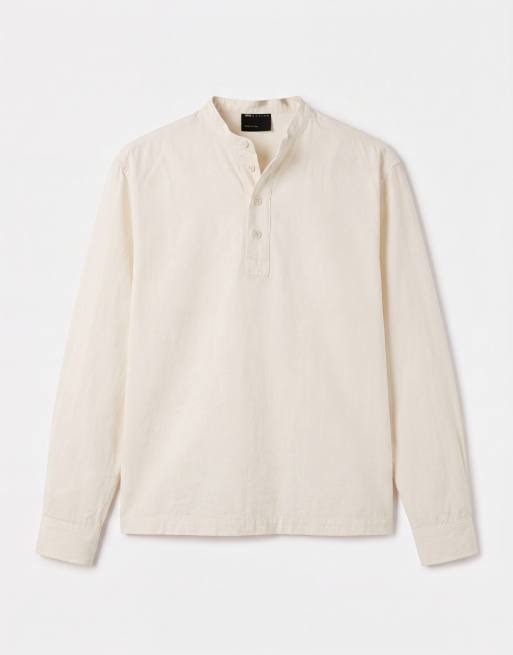 ASOS DESIGN regular fit overhead shirt with henley collar in off white, 6 of 7