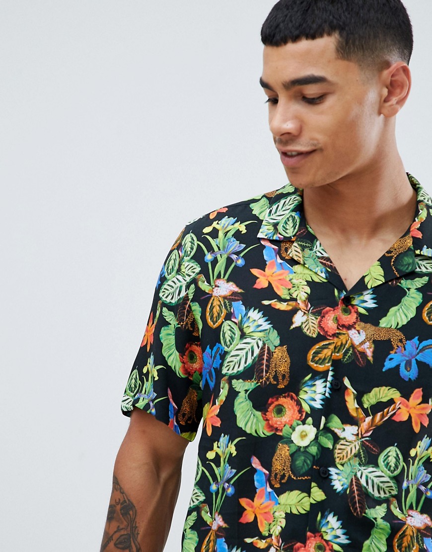 ASOS DESIGN - Regular-fit overhemd met bloemen- en tijgerprint-Zwart