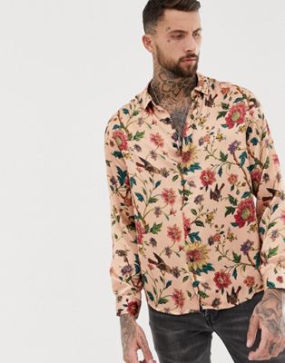 ASOS DESIGN - Regular-fit overhemd met bloemenprint van roze satijn