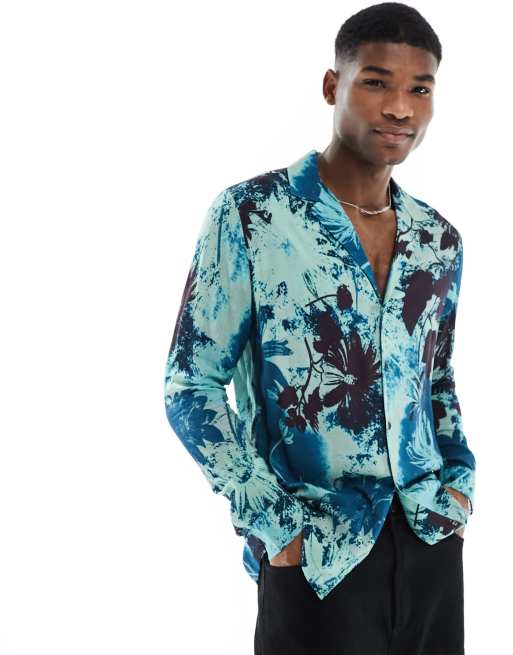 ASOS DESIGN - Regular-fit overhemd met brede reverskraag en gestempelde bloemencollage saliegroen en blauwgroen