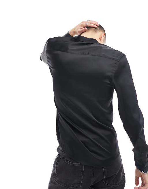 ASOS DESIGN - Regular-fit overhemd met diepe sjaalkraag en strikhals in zwart satijn, 4 van 4