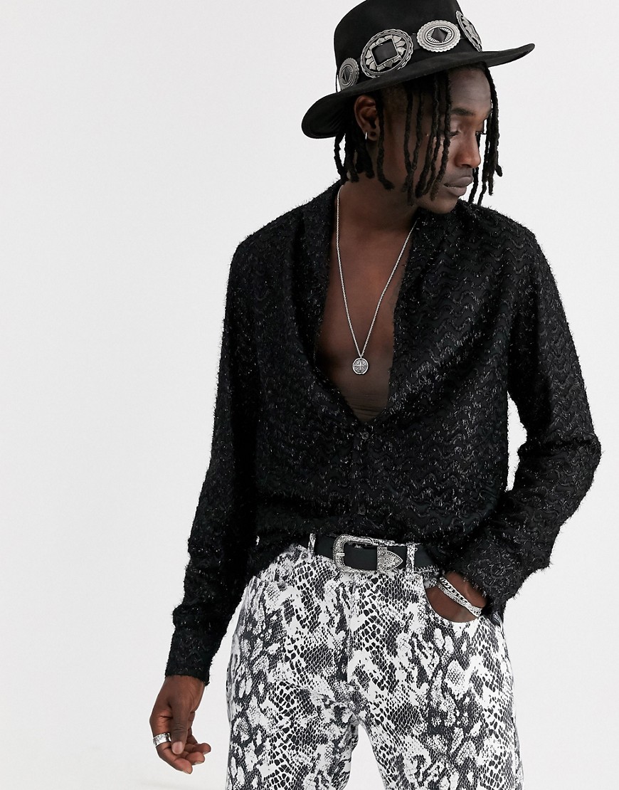 ASOS DESIGN - Regular-fit overhemd met franje en sjaalkraag in zwart