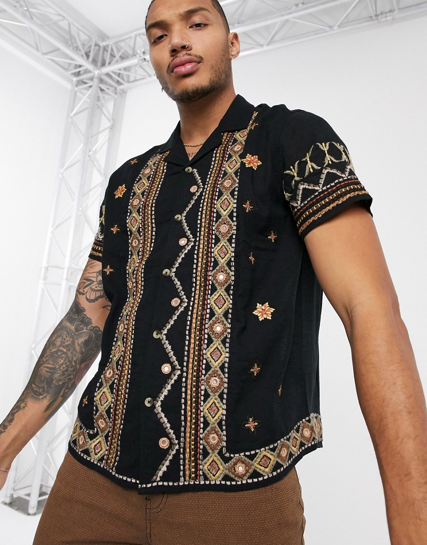 ASOS DESIGN - Regular-fit overhemd met geborduurd Azteken-motief-Zwart