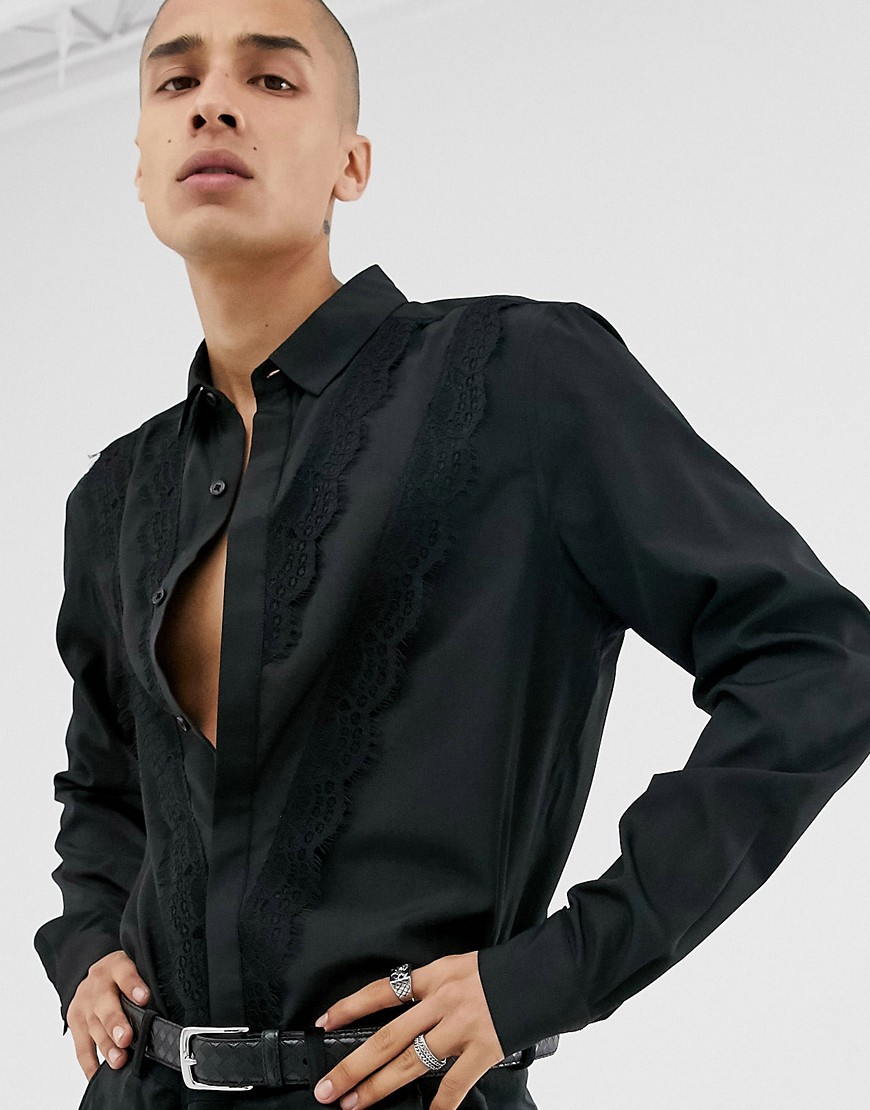 ASOS DESIGN - Regular-fit overhemd met kanten chevron detail-Zwart