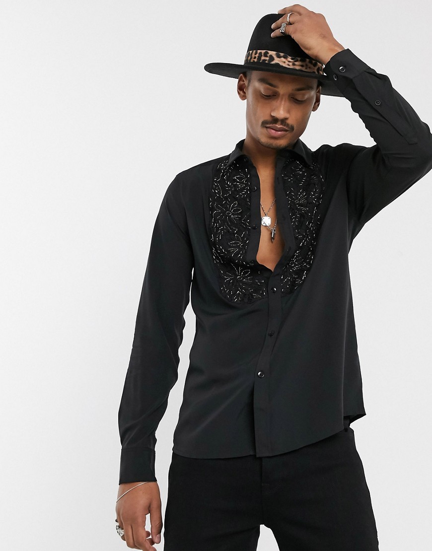 ASOS DESIGN - Regular-fit overhemd met kraag en kanten inzetstuk versierd met kralen-Zwart