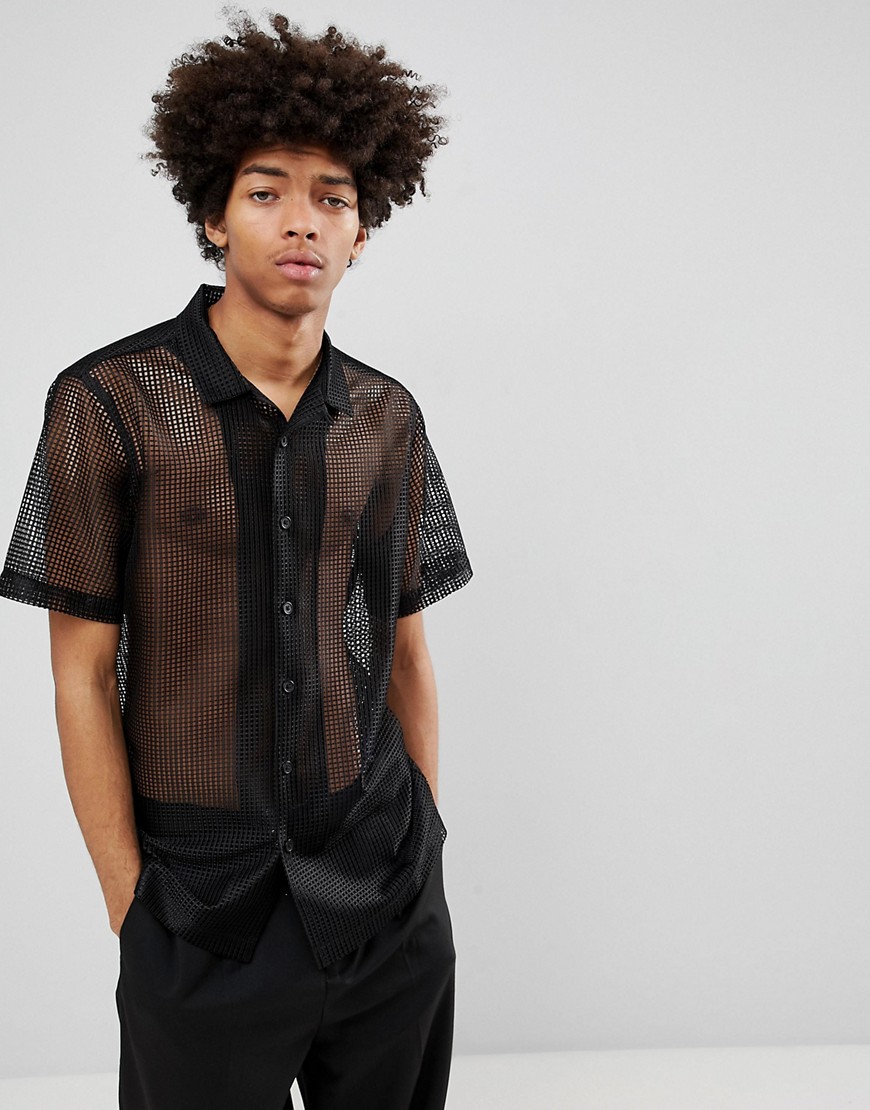 ASOS DESIGN - Regular-fit overhemd met mesh-Zwart