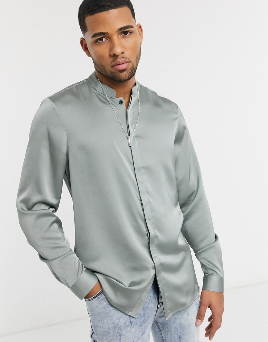 ASOS DESIGN - Regular-fit overhemd met opstaande kraag in saliegroen