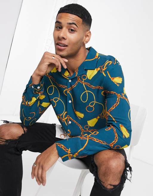 ASOS DESIGN - Regular-fit overhemd met print langs de rand met barok detail in groen, 3 van 4