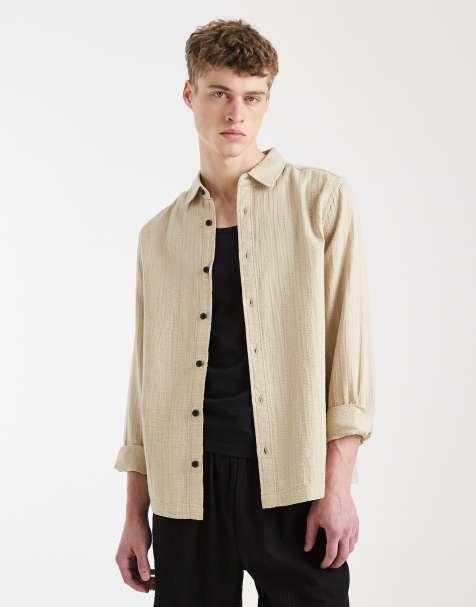 ASOS DESIGN - Regular-fit overhemd met textuur in beige - view 1