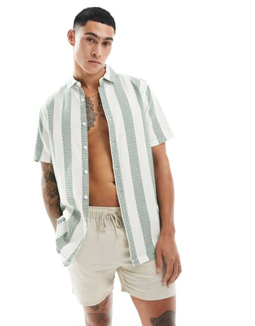 ASOS DESIGN - Regular-fit overhemd met wafelstructuur en geweven strepen in groen