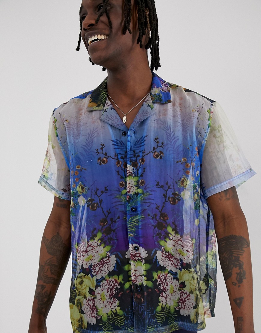 ASOS DESIGN - Regular-fit overhemd van doorzichtige organza met bloemenprint-Blauw