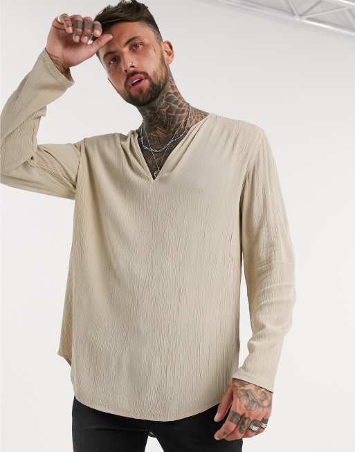 ASOS DESIGN - Regular-fit overhemd van gerimpeld viscose in steenkleur