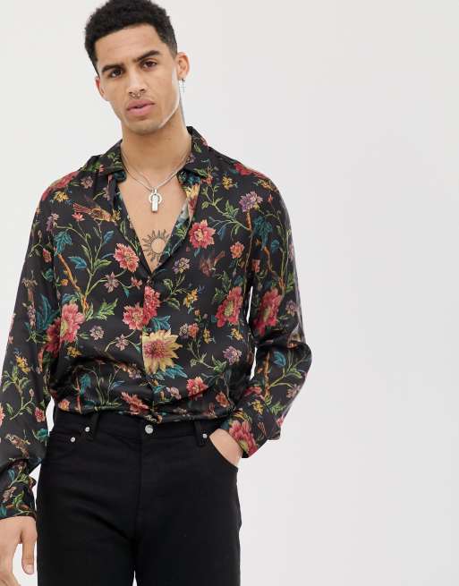 ASOS DESIGN - Regular-fit overhemd van satijn met bloemenprint in zwart