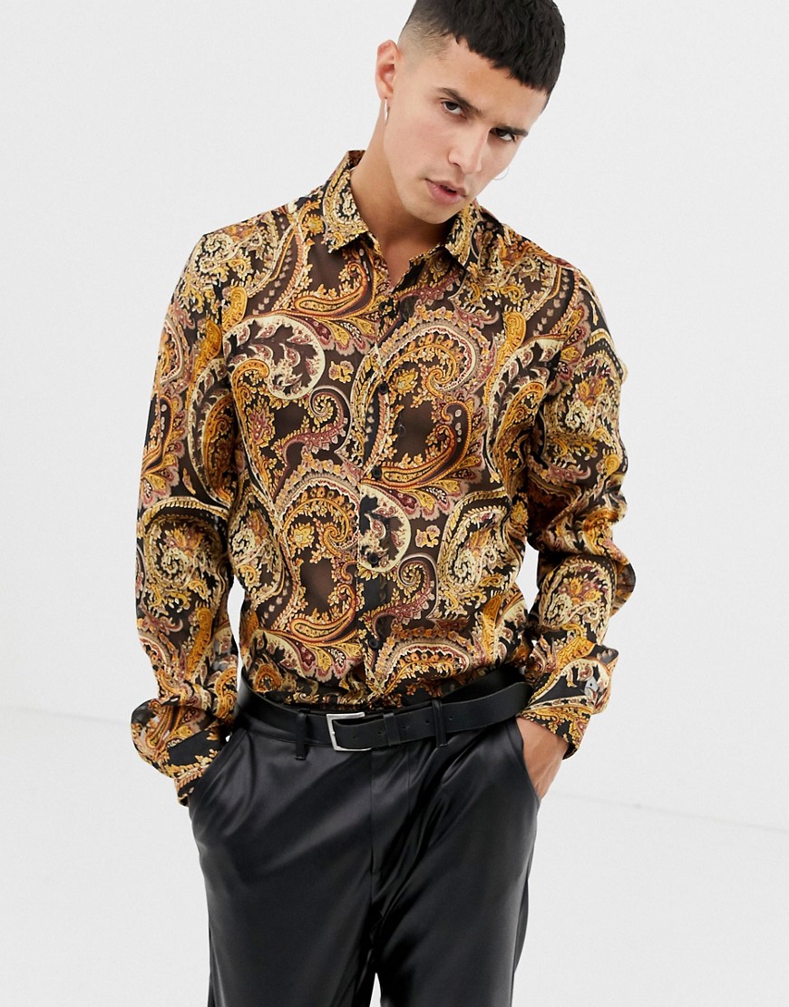 ASOS DESIGN - Regular-fit overhemd van satijn met paisley burn-out print-Multi