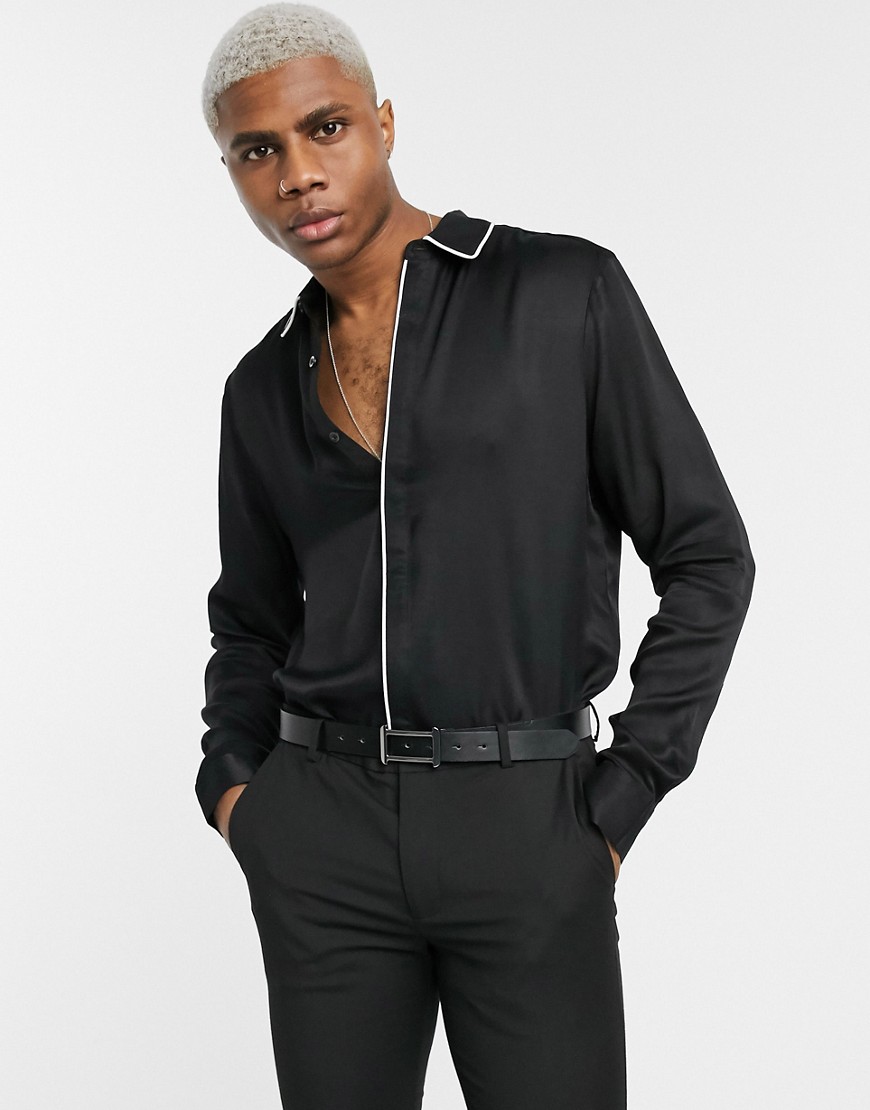 ASOS DESIGN - Regular-fit overhemd van satinet met contrasterende biezen in zwart