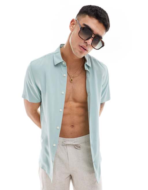 ASOS DESIGN - Regular-fit overhemd van viscose met korte mouwen in saliegroen