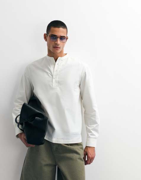 ASOS DESIGN - Regular-fit overhemd zonder kraag in gebroken wit - view 1