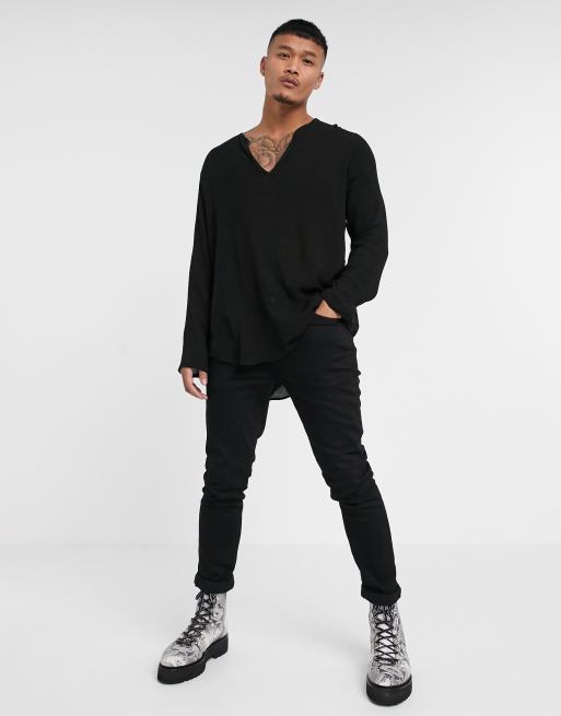 ASOS DESIGN - Regular-fit overhemd zonder sluiting van gekreukt viscose in zwart