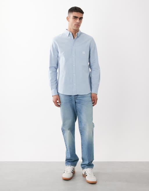 ASOS DESIGN regular fit oxford shirt with chest embroidery in light blue, 3 of 5