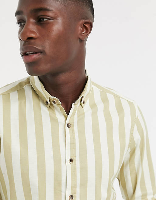 ASOS DESIGN regular fit oxford stripe shirt in beige | ASOS