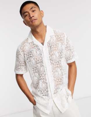 ASOS DESIGN regular fit paisley lace shirt with revere collar in white ...